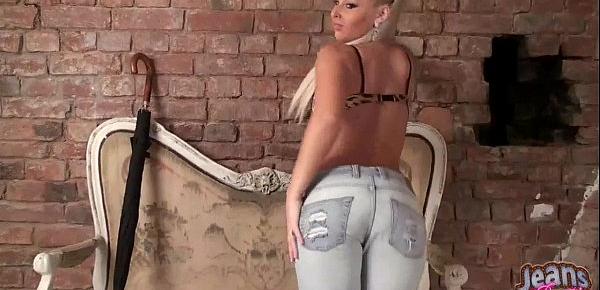  Brigette flashing her panties in tight blue jeans